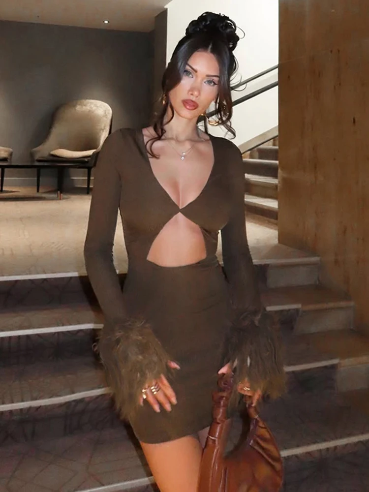 Kliou Sexy Hollow Design Dress Woman Low-Neck Furry Patchwork Full Sleeve Skinny Peach Hip Hottie High Street Style Mini Bodycon