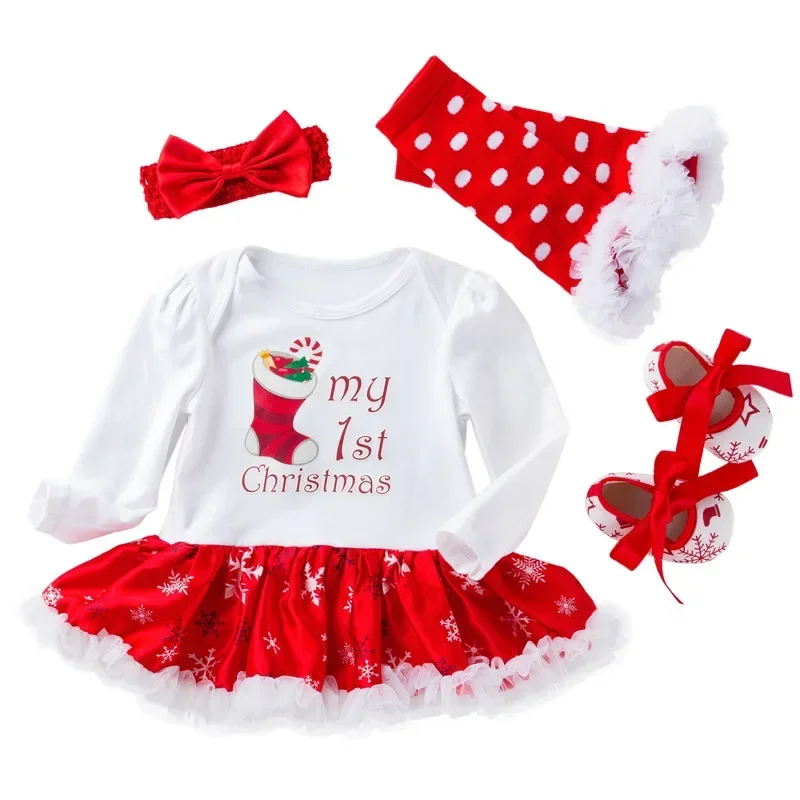 Newborn Christmas Clothes Girl Long Sleeve Xmas Dress Elk Christmas Tree Santa Claus Cartoon Romper Dress Shoes Socks Outfit