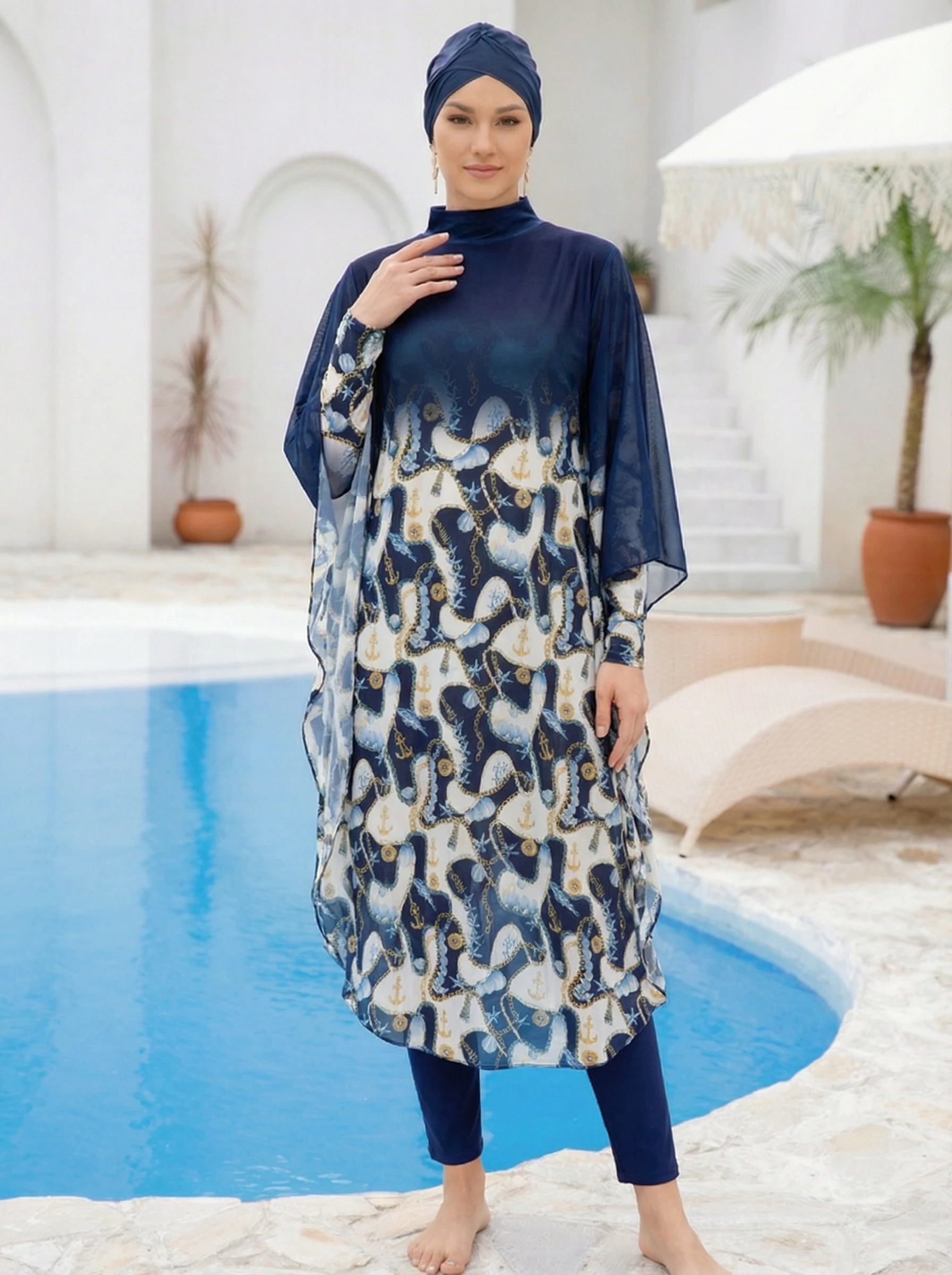 3/4-teiliger Burkini-Badeanzug mit hohem Kragen und langen Ärmeln, vollständig bedeckend, konservativ, figurbetont, Damen-Badeanzug-Set – Detail 8