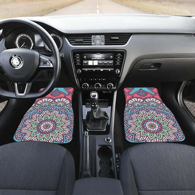 Pastel Mandala Bohemian Pattern Print Front and Back Car Floor Mats Heavy Carpet Front and Rear Full Set 4PCs Pack