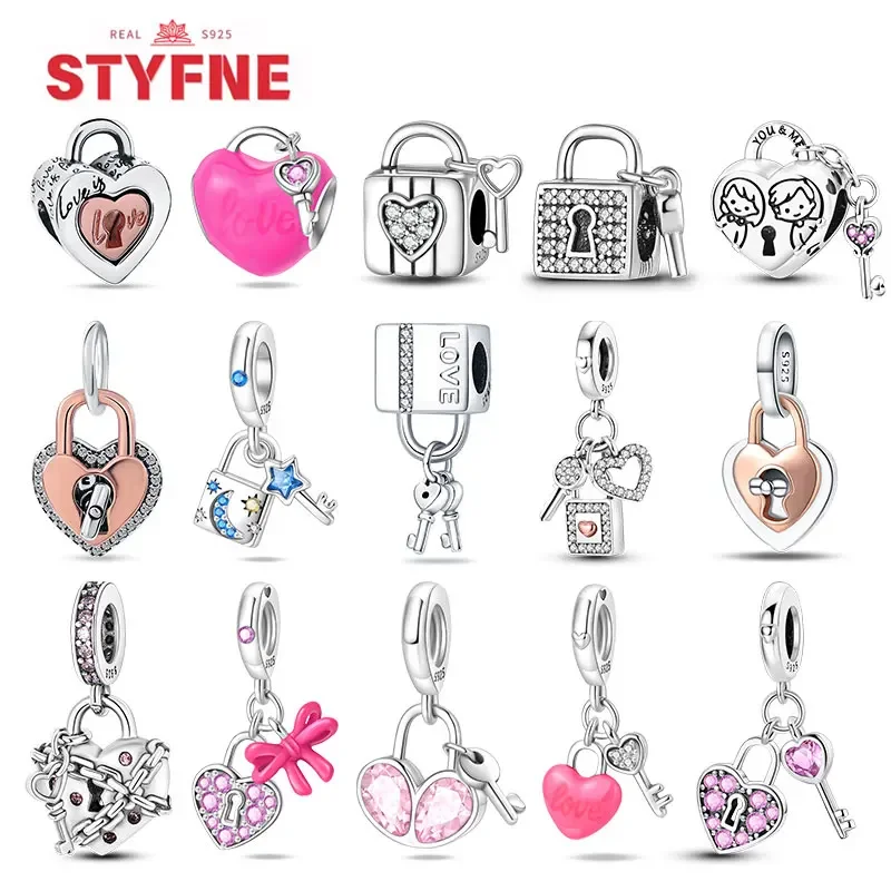 

Sterling Silver S925 Heart Key Luck Charm Beads for Original Bracelet Forever Love Pendant for Women Fine Jewelry Gift Diy