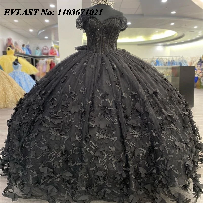 EVLAST Черное бальное платье Quinceanera по индивидуальному заказу с цветочной аппликацией и бисером с корсетом с бантом Sweet 16, Vestidos De XV 15 Anos SQ25