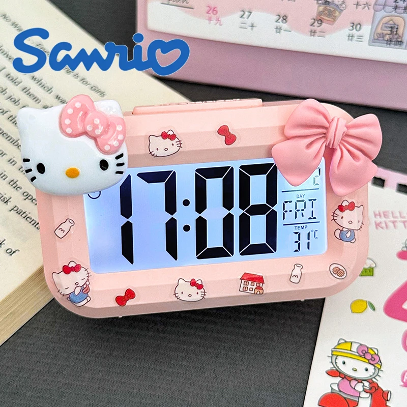 

Kawaii KT Cat Alarm Clock Cartoon Mini Kitty Cat Noctilucent Alarms Clocks and Sticker Dormitory Desktop Ornament Student Clocks