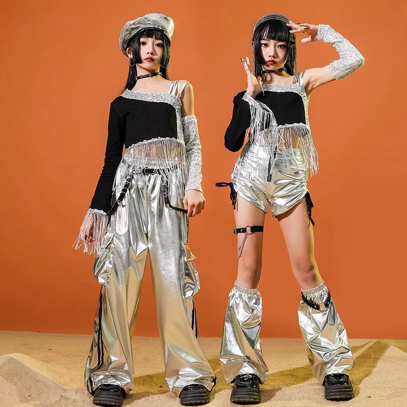 Customized Jazz Dance Suit for Girls with Exposed Navel Black Silver Suspender Suit Runway Children's Street Performance Costume