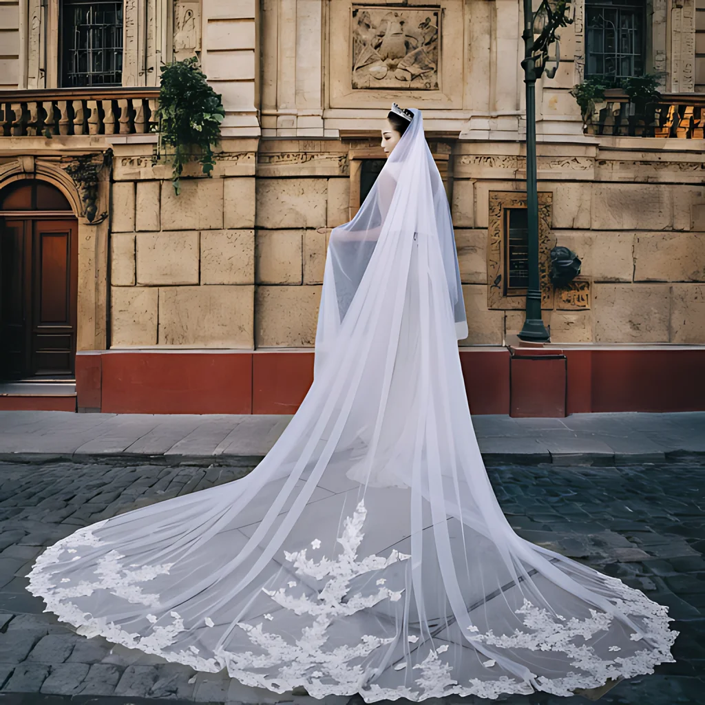 

Wide Bridal Veil Lace Patch Wedding Veil 2 Tier Long Cathedral Drop Style Bridal Illusion with Blusher Bridal Accessories V116a