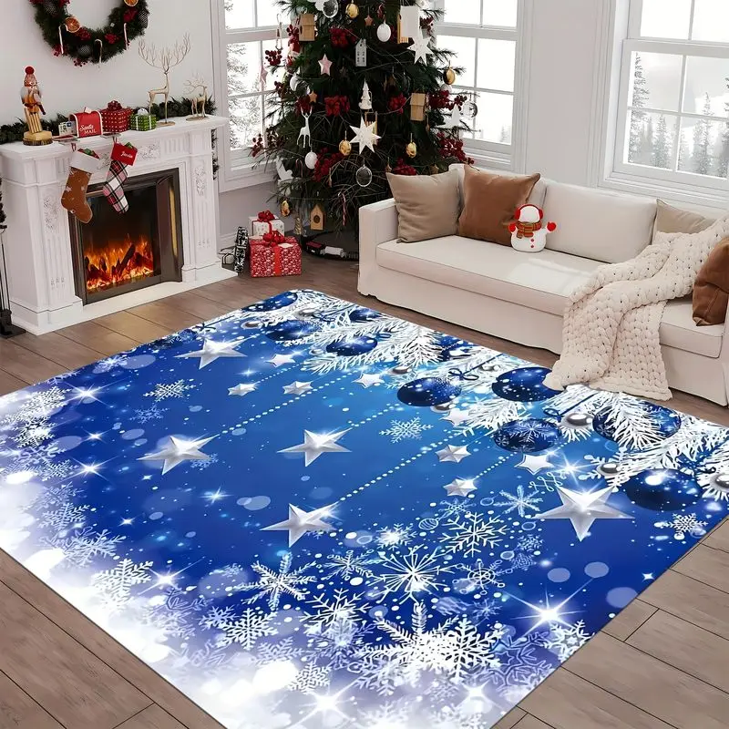 VIKAMA Blue Silver Star Bauble Snowflake Rug Non Slip Area Rug Living Room Bedroom Floor Mat Winter Holiday Xmas Decor