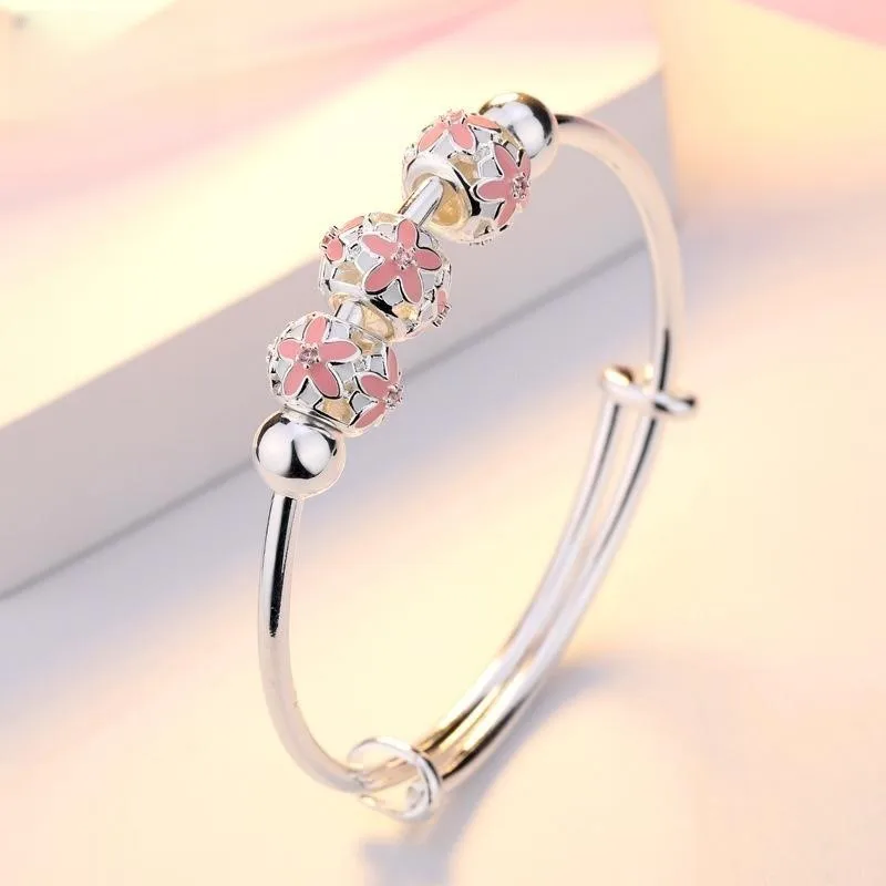 ENSHIR Silver Color Sakura Flower Bracelet Bangle for Women New Design Wedding Jewelry for Party Festival Gift