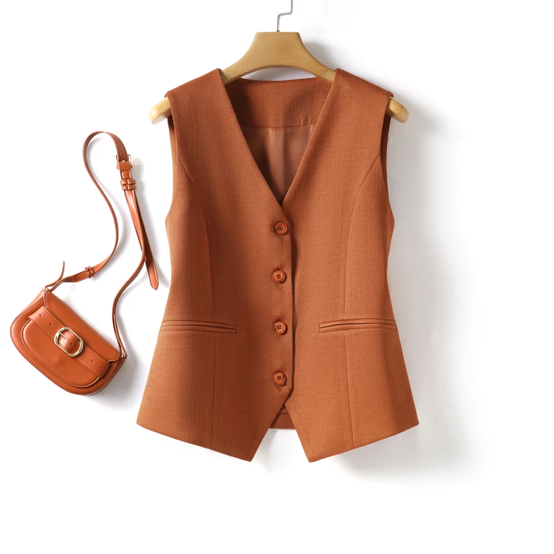 Fashionable Layered Sleeveless Suit Vest for Women Spring and Autum Single-Breasted Short V Neck Vest Top