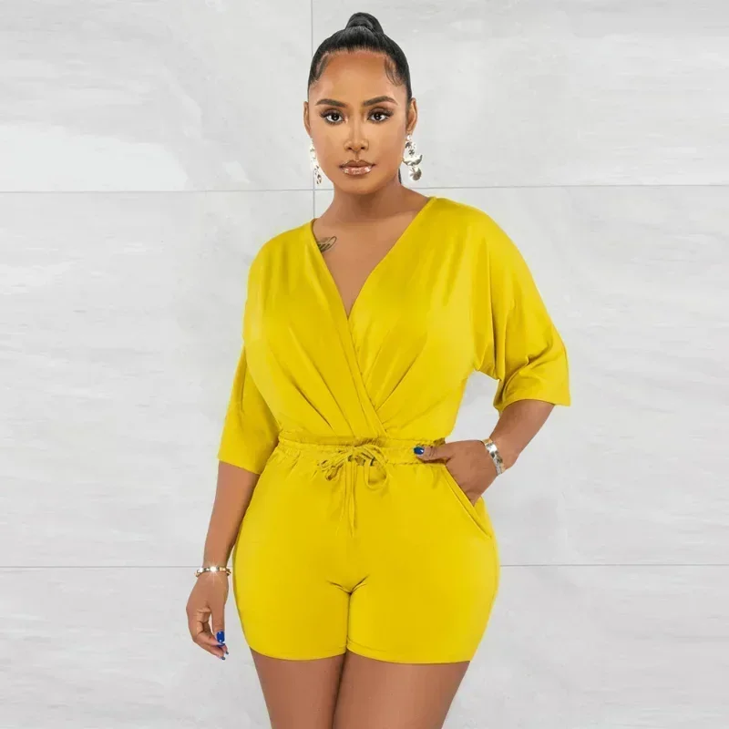 

GUWU Half Sleeve Wrap V-neck Elastic Waist Playsuit Summer Women Fashion Street Yoga Acitve Fitness One Piece Suit Romper