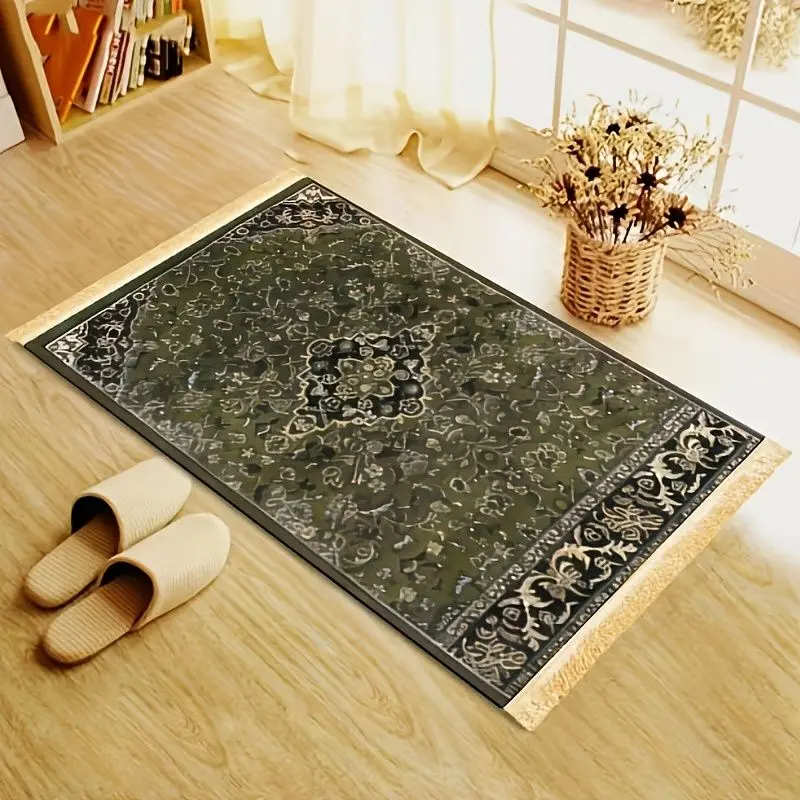VIKAMA Retro Dark Green Persian Arch Prayer Carpet, Durable & Non-Slip, Elegant Kneeling Mat for Mosque Pilgrimage