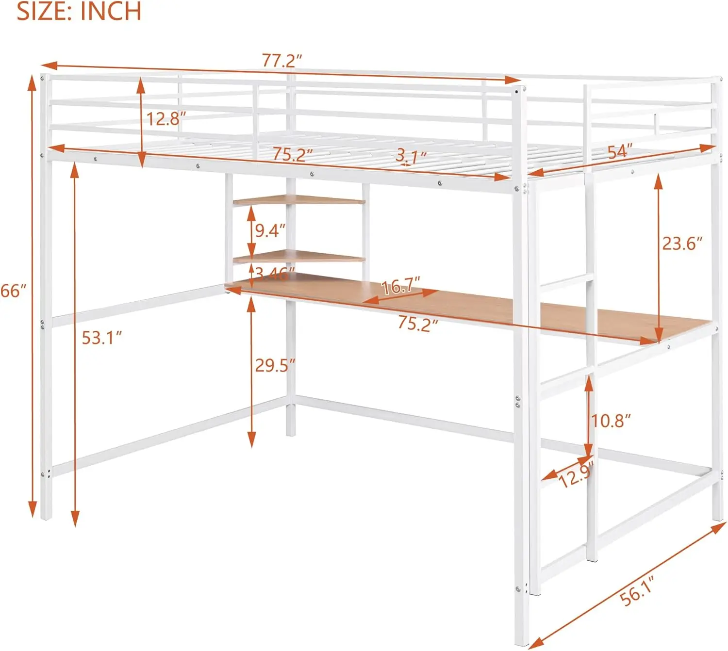 Full Size Loft Bed With Desk And Storage Shelve, Metal Loft Bed Frame With Ladder And Safety Guardrail For Teens Adults, White