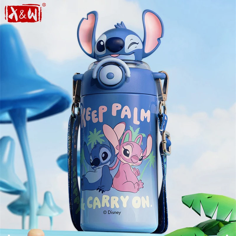 X&W 316 Stainless Steel Insulated Water Bottles Disney Stitch Thermos Cups with Straw Keep Hot＆Cold Vacuum Mugs student gifts