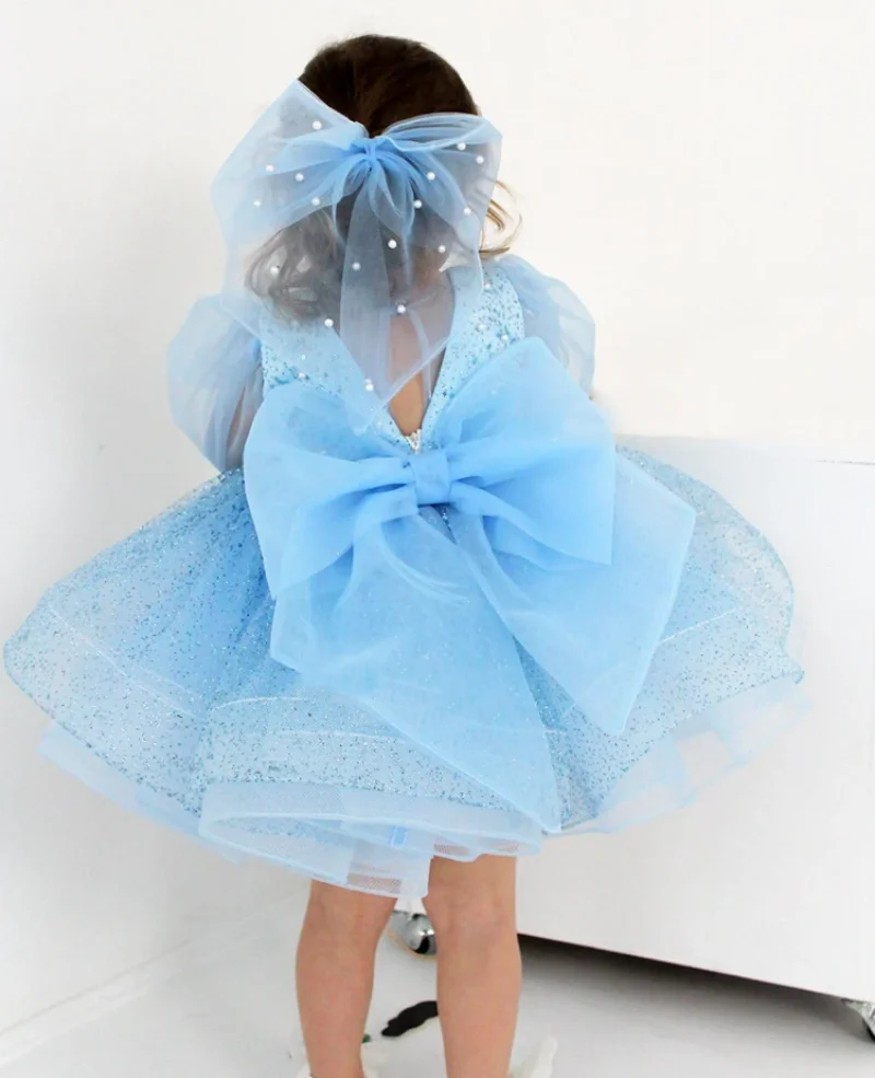 Vestido azul de flores para niña, tutú de primer cumpleaños infantil, vestido de princesa para niños pequeños, vestido de tul para ocasiones especiales con lazo grande