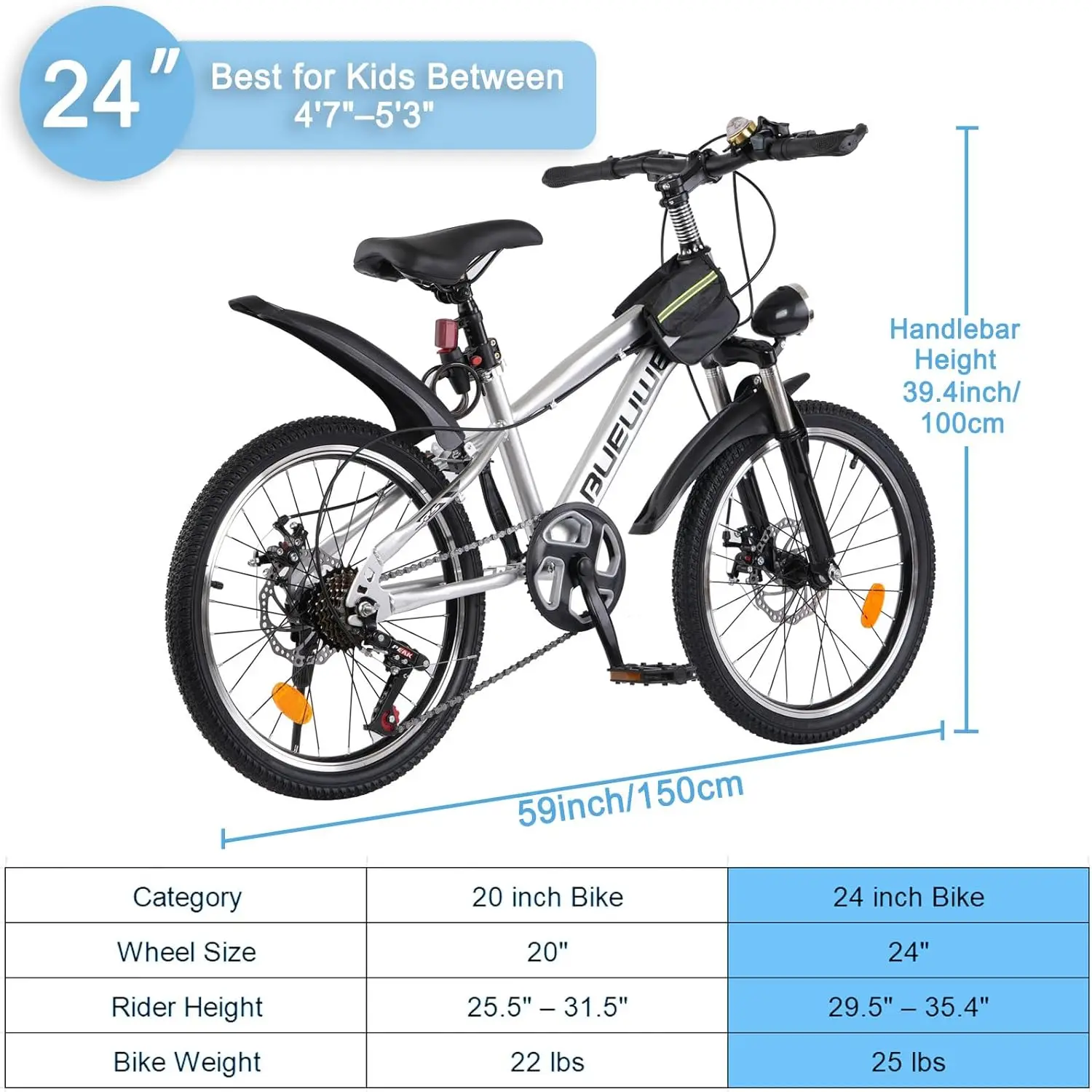 Bicicleta infantil para meninos e meninas de 7 a 12 anos, bicicleta de montanha de 20/24 polegadas com engrenagem de 7 velocidades, freios a disco duplos, garfo de suspensão, cabeça de LED