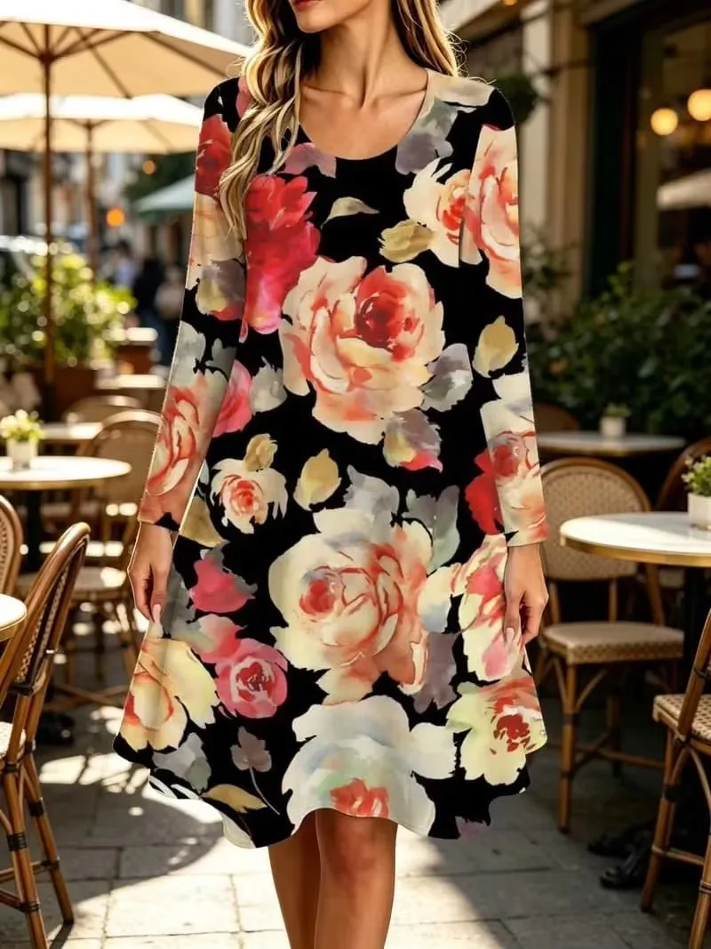 2026 New Autumn Winter Elegant Multi-color Print Women Dress Loose Casual Long Sleeve O-Neck Floral Print A-Line Dress Ladies