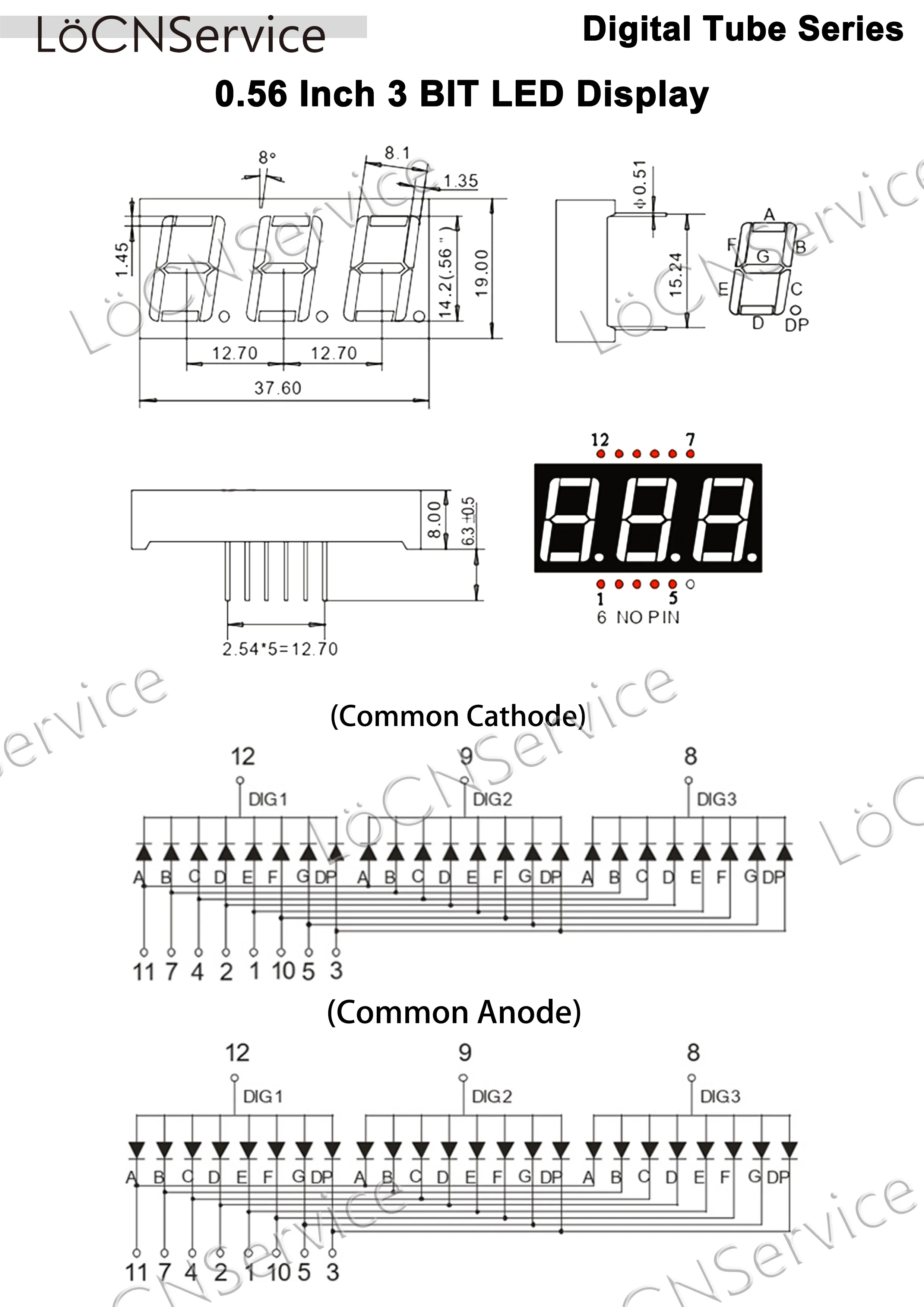 LoCNService 30PCS 0.56Inch Digital Tube LED Display 3 Bit Red Yellow Green Blue White Common Anode / Cathode 7 Segment 0.56 inch