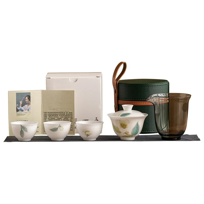 Vegetarian suet jade porcelain cover bowl travel tea set portable outdoor camping tea one bowl three cups