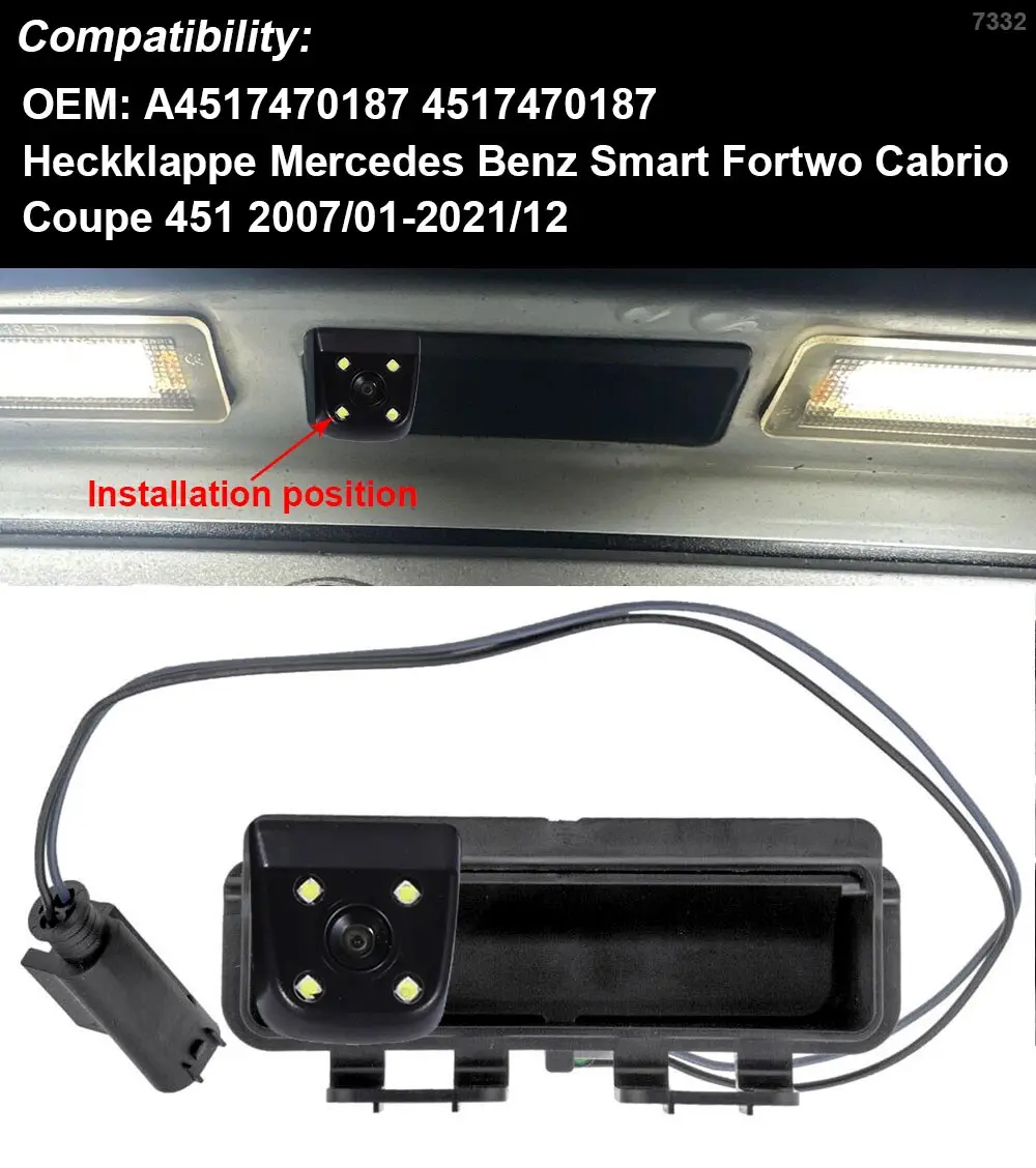 4LED HD Car trunk handle Back Up Rear View Camera for Heckklappe Mercedes Benz Smart Fortwo Cabrio Coupe 451 2007/01-2021/12