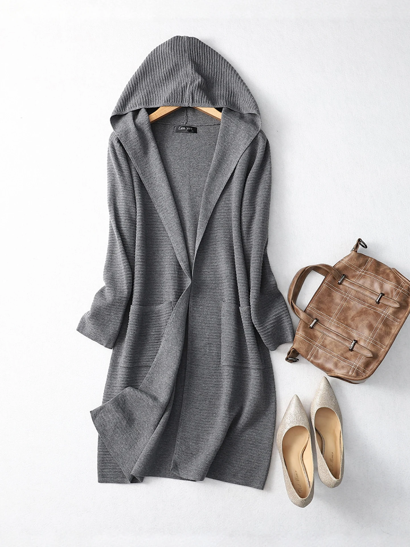 

Женский вязаный шелковый кардиган Camere из смеси одного пуговица, открытый кардиган с капюшоном, V-Ne, пальто средней длины Ele Sle