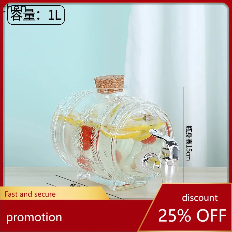 

Zml transparent glass wine barrel with faucet, cork cover, bamboo bracket beverage barrel