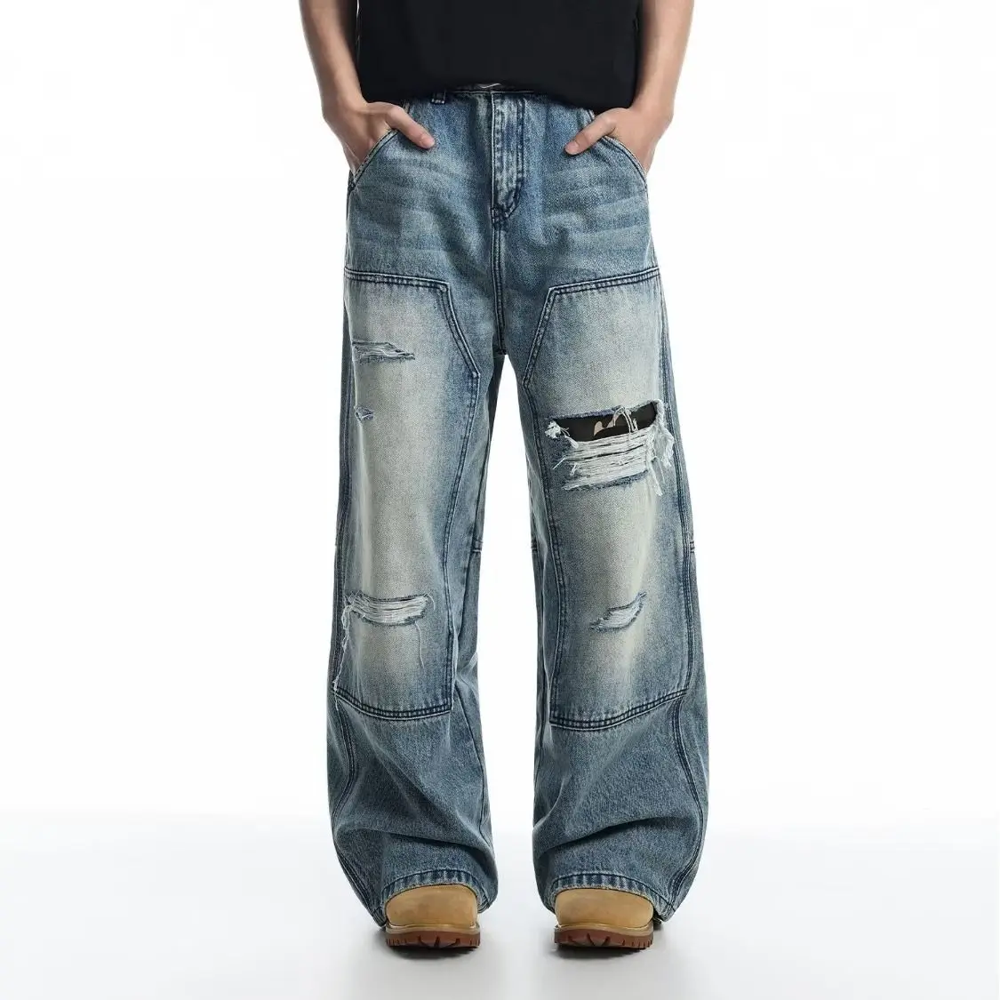 Men's Ripped Patch Blue Jeans Casual Pants Summer Street Sweatpants Young Boy Bottom Male High Waist Y2k Cool Trousers