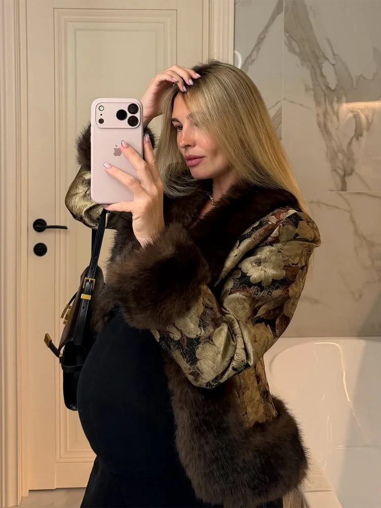 Women Vintage Floral Print Plush Cuffs Fur Collar Coat Waist Cinching Short Women's Jacket Fashion Autumn Winter Banquet Outfit