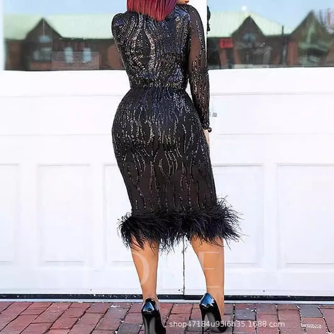 Frühling Neue Gedruckt 2025, Stehkragen Kleid Sexy Glitter Party frauen Mid Rock