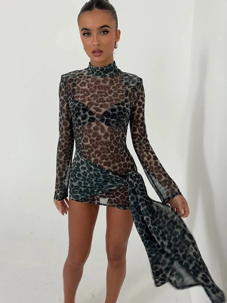 Fantoye Coltrui Sexy Sheer Print Luipaard Bandage Vrouwen Jurk Lange Mouw Mini Jurk Dame Lente Slanke Elegante Party Club Jurk