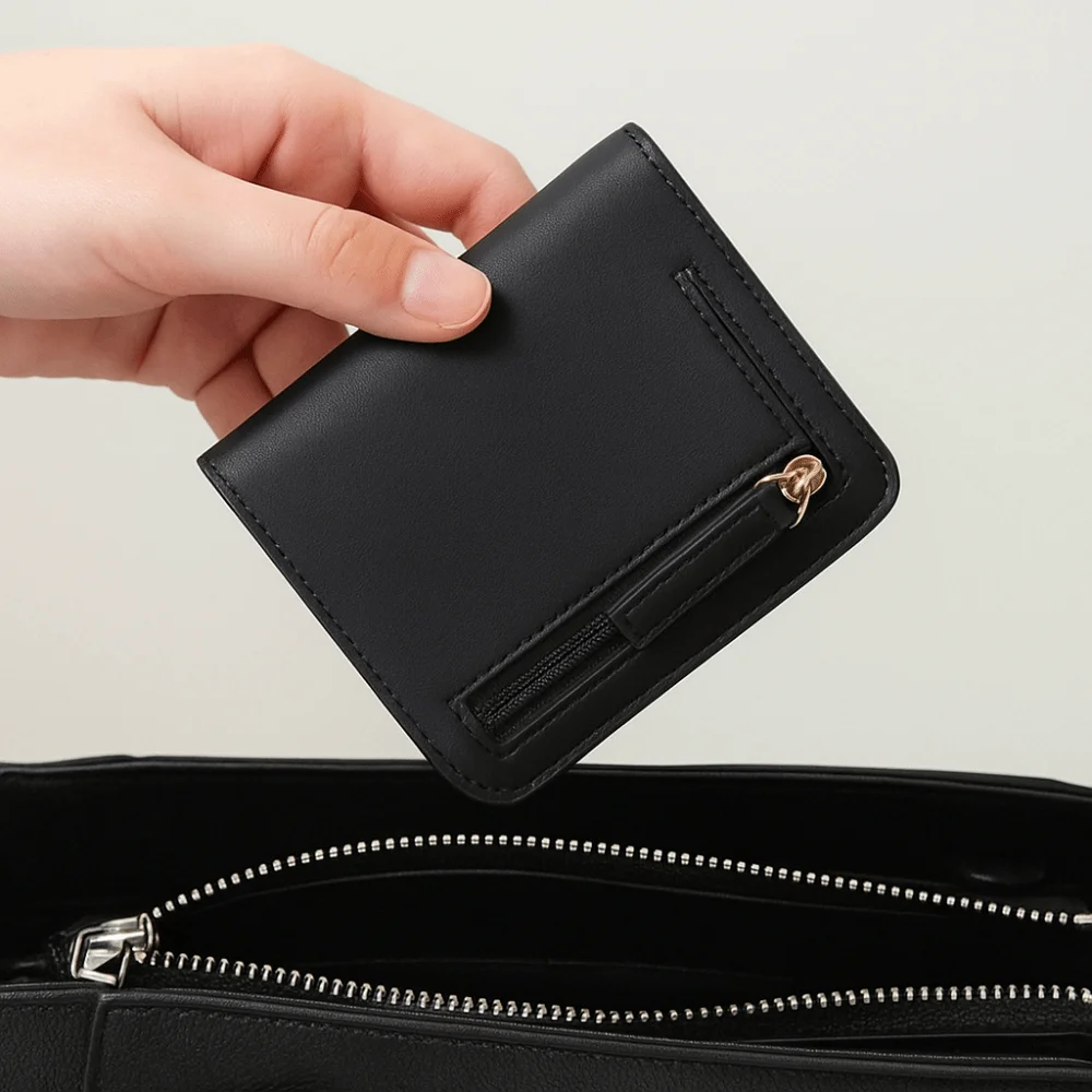 Dompet Pendek Wanita PU Kasual, Dompet Lipat Pendek dengan Ritsleting, Tas Kartu Bermotif Versi Korea, Tempat Kartu Kulit PU Wanita