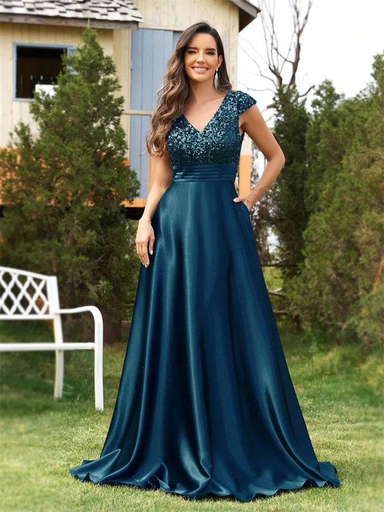 Elegante plisado empalme cubierta manga con bolsillos lentejuelas vestidos de noche largos de lujo mujeres satén boda fiesta cóctel vestidos