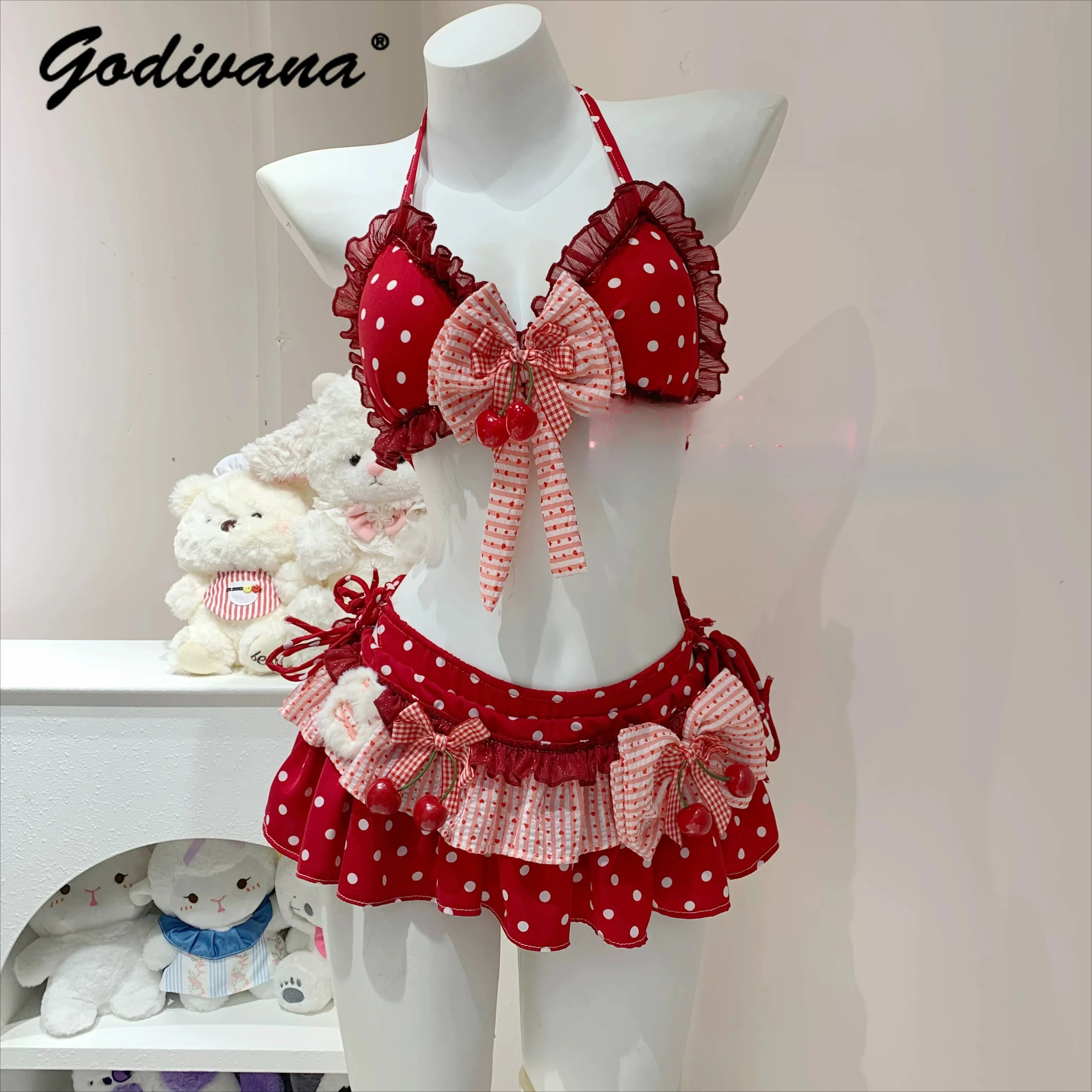 Kawaii Cherry Polka Dot Bow Bikini Set New Summer Girl Women's Sweet Reduced Age Two Piece Sexy Bathing Suit