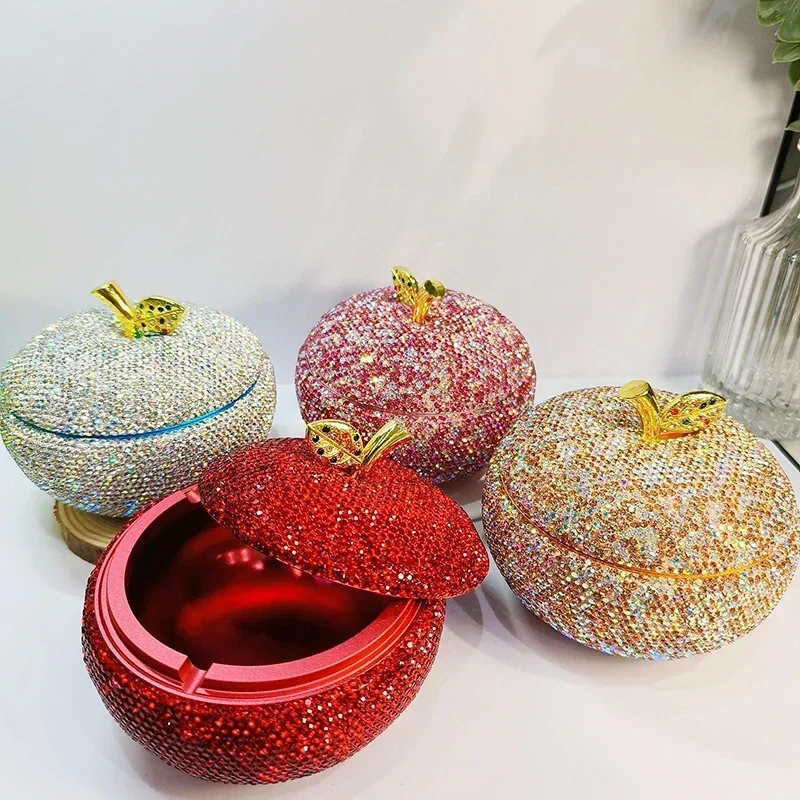 Sparkling Rhinestone Round Ashtray Apple Aluminum Alloy Ashtray With Lid Smoking Accessory Home Decorat Ash Tray Hotel Bar Gift