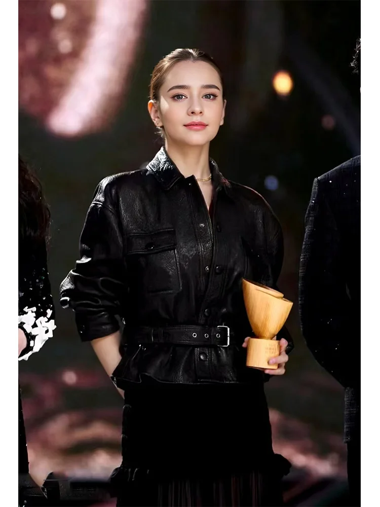 

Retro Hong Kong Style Short Waist-Cinching Leather Jacket Women's Fashion Unique Versatile Compact Size Elegant Biker Jacket