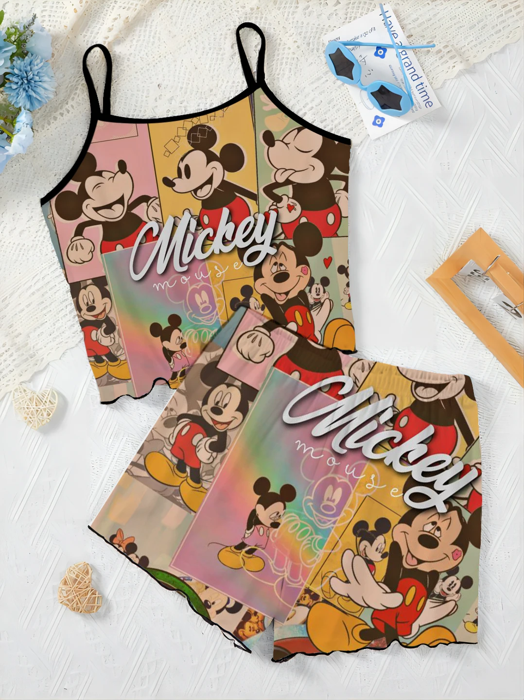 Kurze Sets für Frauen 2 Stück Mickey Disney Salat Trim T-Shirt Slip Kleid Damen anzug Minnie Maus Pyjama Rock elegant nach Hause