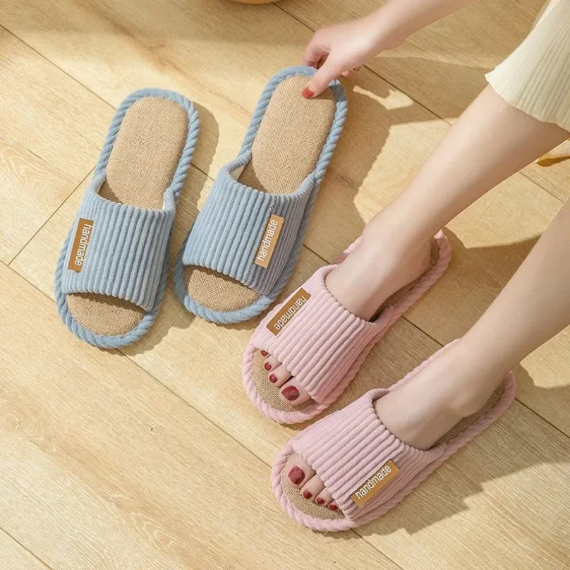 House Striped Slippers Women Autumn Linen Flip Flops Couples Indoor Non Slip Sandals Home Guest Shoes male Flat Flax Sneaker