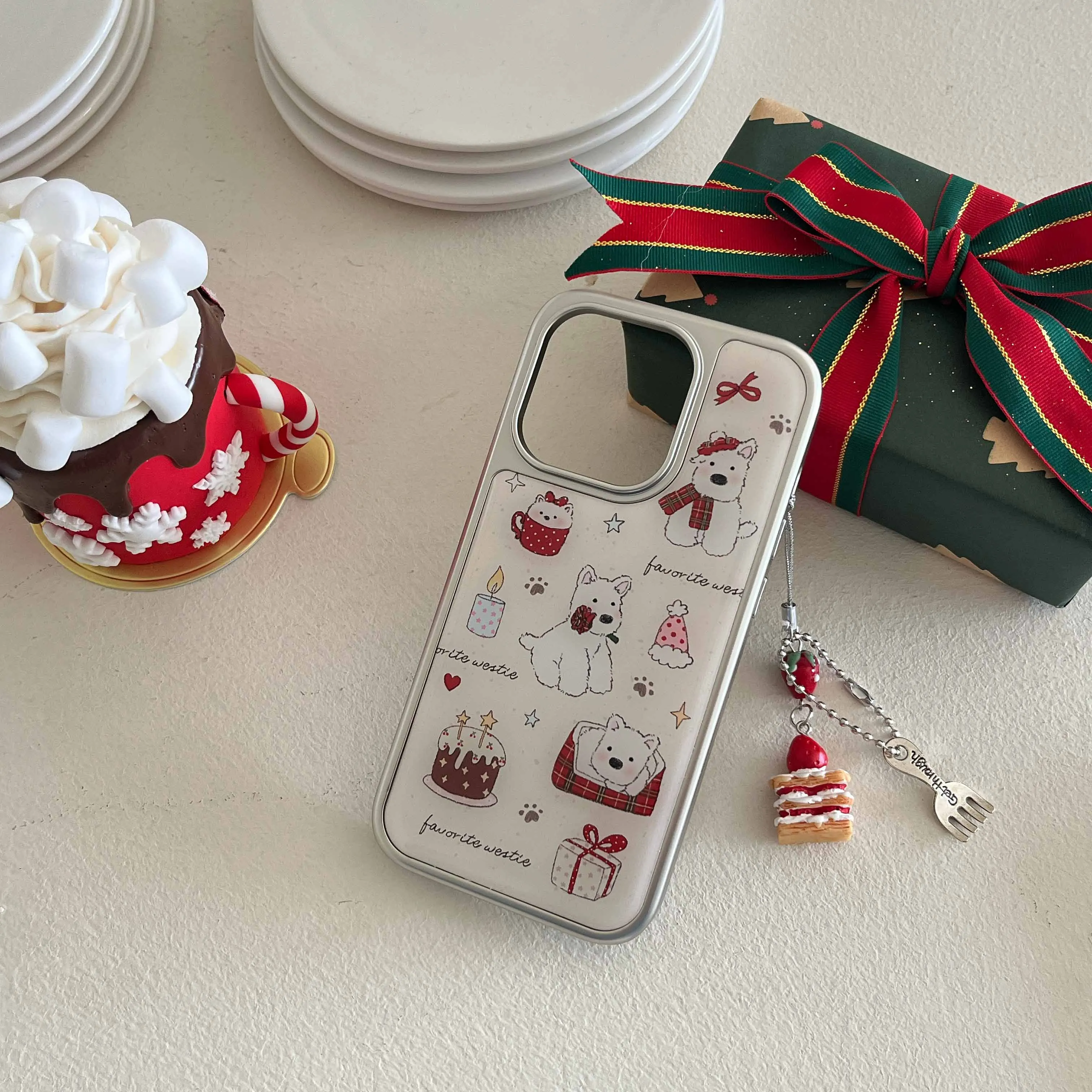 Winter Christmas Cute Puppy Shell For Iphone 15Pro 14ProMax 16 13 14 15 Pro Max 13ProMax 16Pro 3D Cake Fork Pendant Phone Case