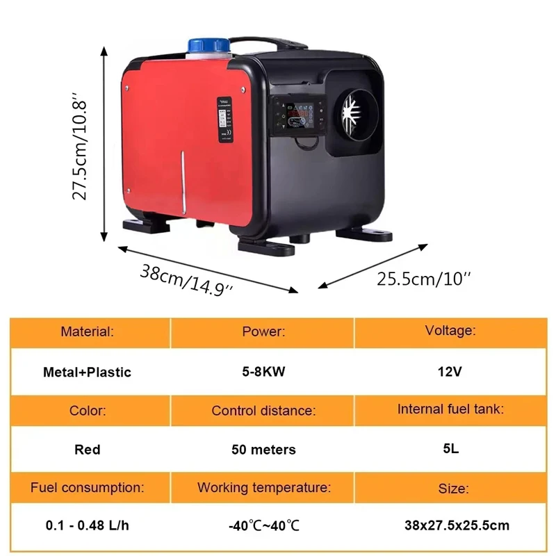 5KW 8KW 12V 24V Unit Portable Air Diesel Heater Noise Reduction LCD Monitor Parking Warmer for Car Truck Boat RV Heating Red