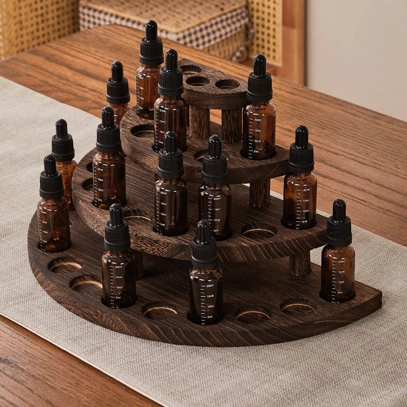 Rustic Wood Essential Oil Organizer Perfume Sample Display Stand Small Apartment Shelf For Bathroom Countertop Storage Box