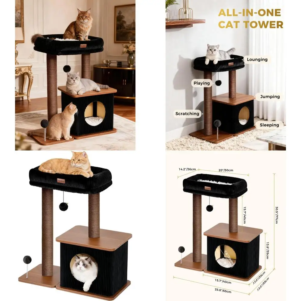 

Современная деревянная лежанка-когтеточка для кошек с сизалевыми столбиками, плюшевыми подушками и уютными гнездами для домашних кошек