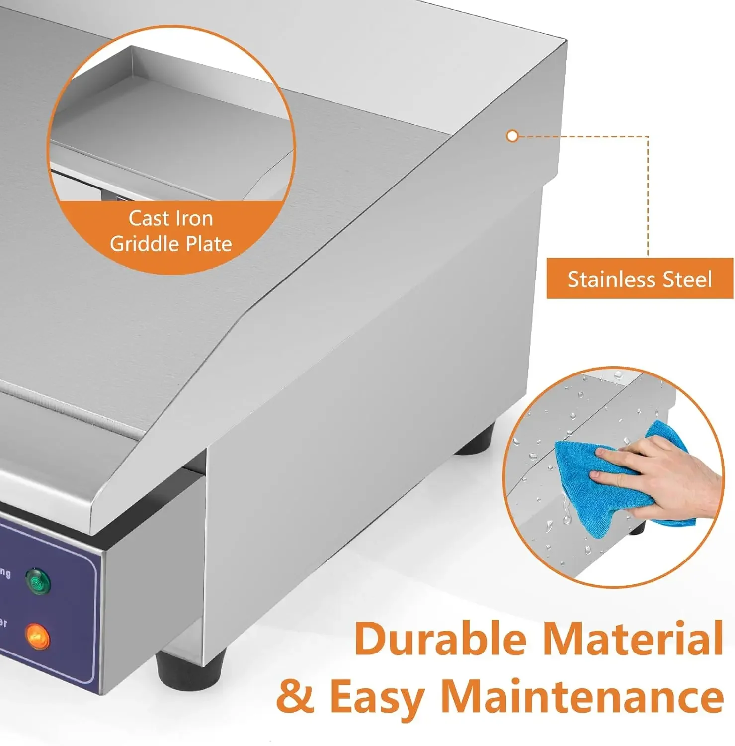 Commercial Griddle, 22" Electric Griddle 2000W, Cast Iron Griddle, Stainless Steel Frame, 122℉-572℉ Adjustable Temperature Contr