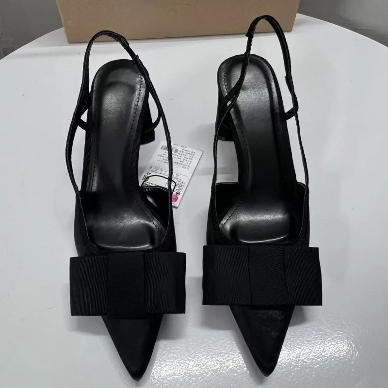 Vintage Black Women High Heeled Shoes Pointed Toe Shallow Fashion Bow-Knot Slingbacks Elegant Brand Designer Office Lady Pumps