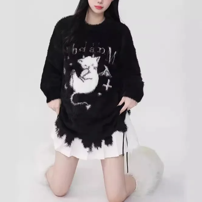 

Sweater Pullovers For Womens Beautiful Gothic Y2K Punk Sweet Cute 2000S Highstreet Autumn Winter Warm Devil Cat Prints Lovely