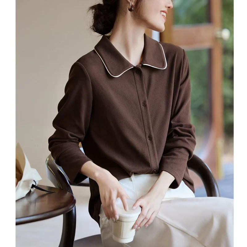 

Contrast Color German Velvet Warm 2025 Autumn and Winter New Temperament Lapel Velvet Feel Long-sleeved Bottoming Shirt