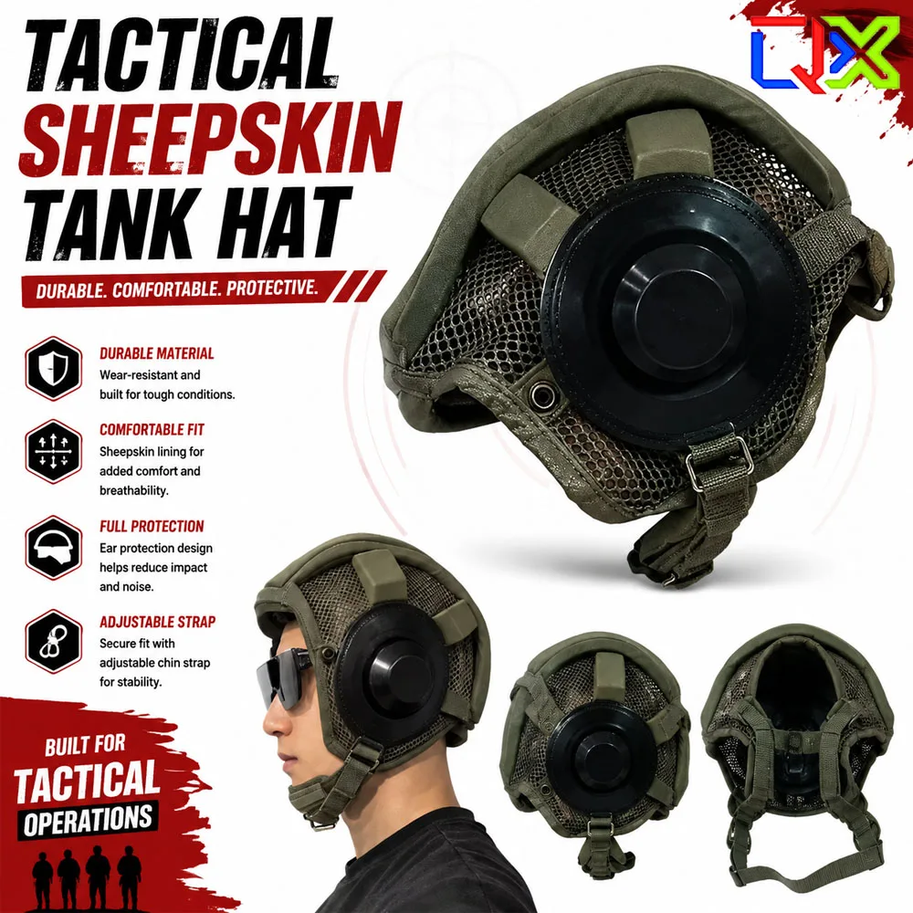 QX Tactical Sheepskin Tanker Hat Military Style Outdoor Helmet Cap for Airsoft CS Wargame Cosplay Winter Headgear