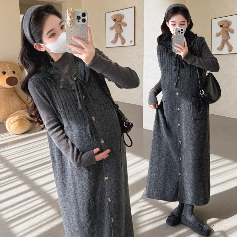 Maternità di fascia alta moda 2025 Autunno stile coreano cravatta in pizzo con bottoni maglione gilet abito e top base a maniche lunghe
