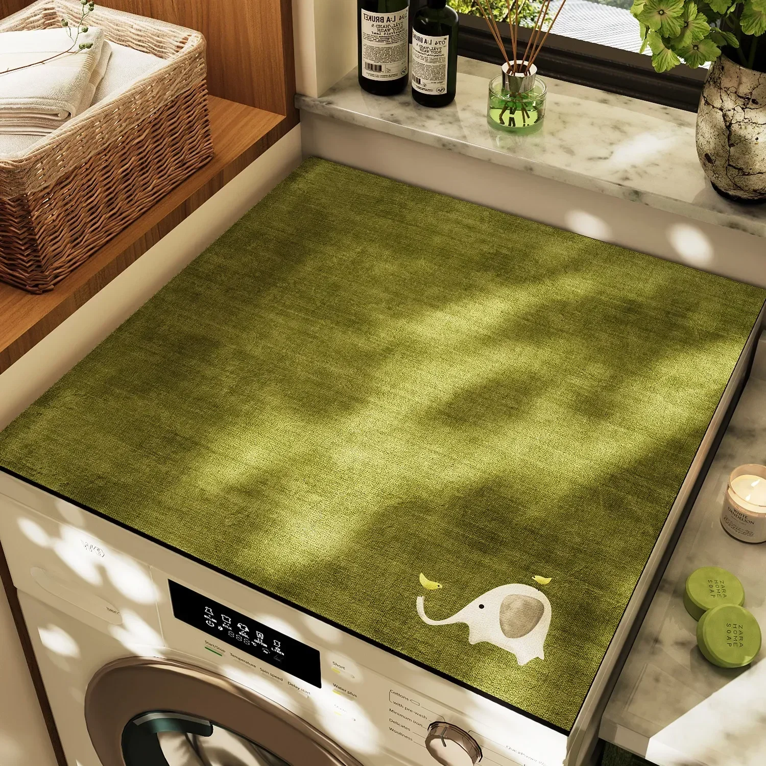VIKAMA Minimal Elephant Embroidery Washing Machine Top Mat Olive Green Solid Base Waterproof Anti Dust Dryer Cabinet Pad