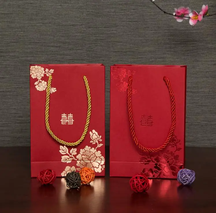 Chinese Style Rose Flowers Red Double Happiness Wedding Gift Paper Bag with Handle Package Candy Bags Wholesale SN4547