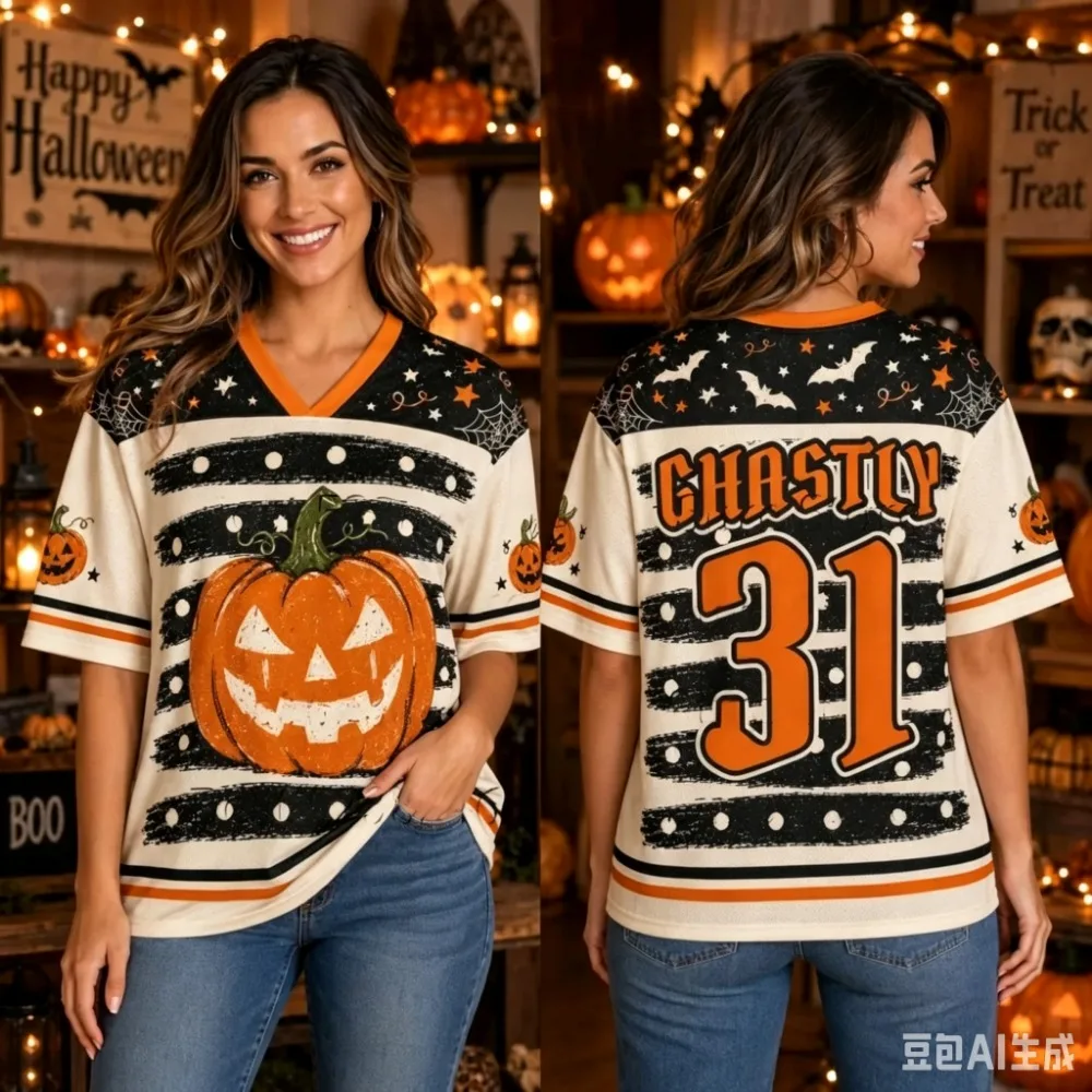 Halloween-Thema Retro-Sport Schnelltrocknend Atmungsaktiv 3D-Gedrucktes Herren V-Neck T-Shirt Street Fashion Hip-Hop Eltern-Kind-Kleidung – Detail 4