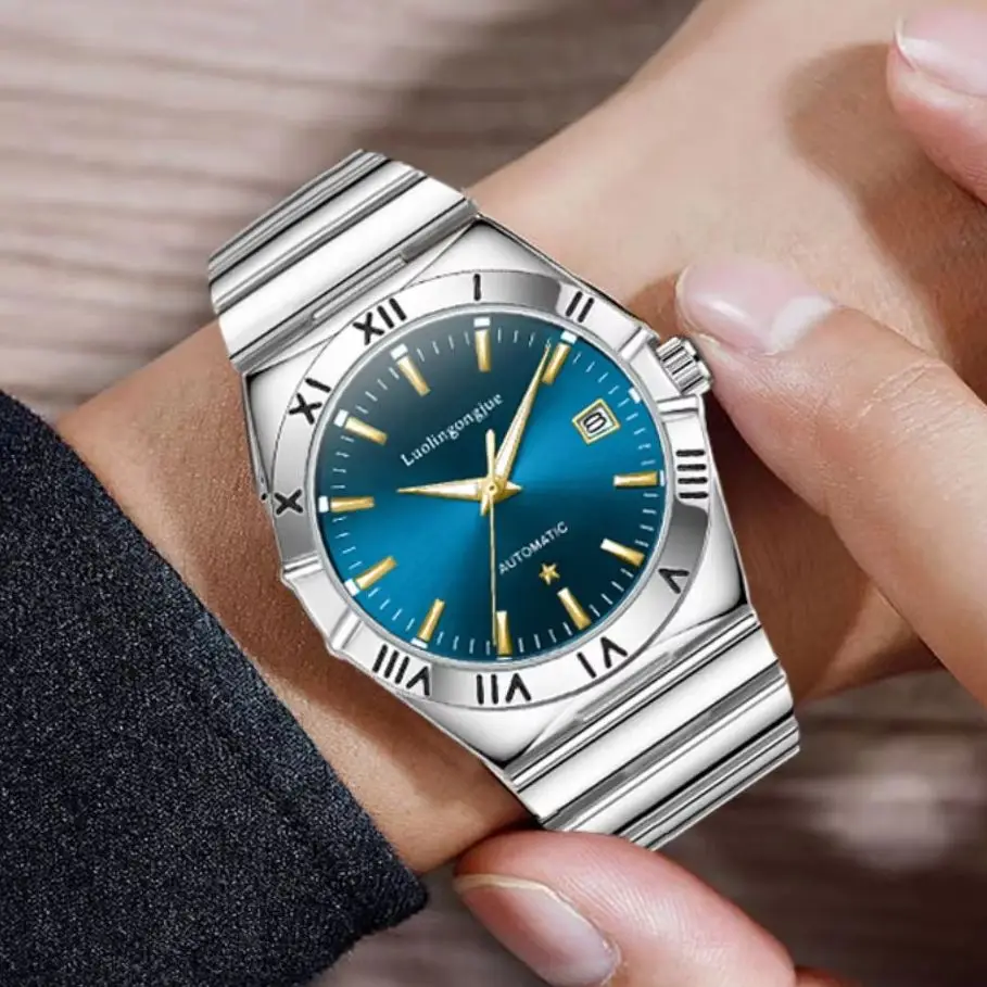 

Роскошные деловые повседневные мужские часы в европейском и американском стиле, полностью автоматические механические часы, скелетонский дизайн, автоподзавод, ремешок из нержавеющей стали, с дисплеем календаря, новые высокомодные простые универсальные пер