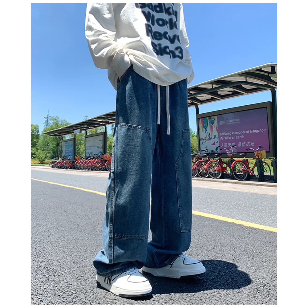 Men's Y2K Baggy Korean style Elastic Waist Drawstring Straight Jeans Streetwear Vintage Black Denim Pants 2024 Fashion Clothing